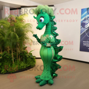 Forest Green Seahorse mascot costume character dressed with a Pencil Skirt and Shoe clips