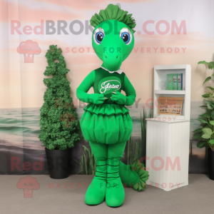 Forest Green Seahorse mascot costume character dressed with a Pencil Skirt and Shoe clips