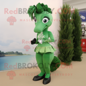 Forest Green Seahorse mascot costume character dressed with a Pencil Skirt and Shoe clips