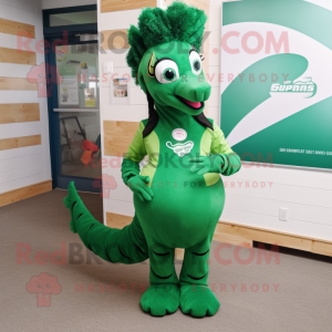 Forest Green Seahorse mascot costume character dressed with a Pencil Skirt and Shoe clips