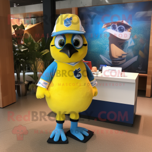 Lemon Yellow Blue Jay mascot costume character dressed with a Rugby Shirt and Hats