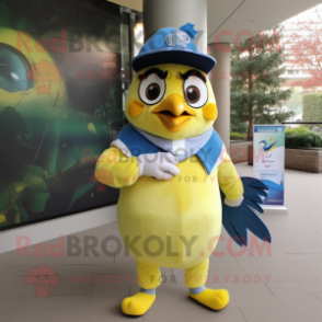 Lemon Yellow Blue Jay mascot costume character dressed with a Rugby Shirt and Hats