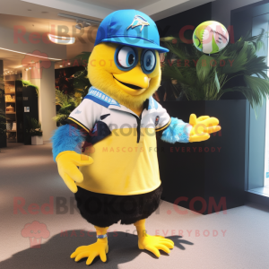 Lemon Yellow Blue Jay mascot costume character dressed with a Rugby Shirt and Hats