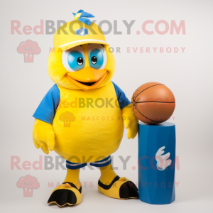 Lemon Yellow Blue Jay mascot costume character dressed with a Rugby Shirt and Hats