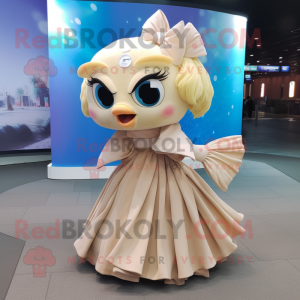 Beige Betta Fish mascot costume character dressed with a Circle Skirt and Bow ties