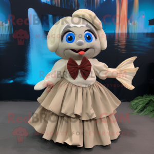 Beige Betta Fish mascot costume character dressed with a Circle Skirt and Bow ties