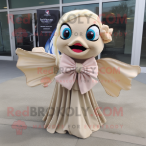 Beige Betta Fish mascot costume character dressed with a Circle Skirt and Bow ties