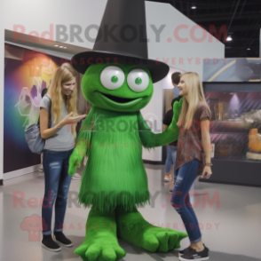 Green Witch'S Hat mascot costume character dressed with a Skinny Jeans and Watches