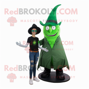 Green Witch'S Hat mascot costume character dressed with a Skinny Jeans and Watches