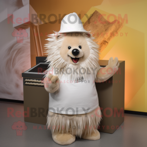 Cream Porcupine mascot costume character dressed with a A-Line Dress and Beanies