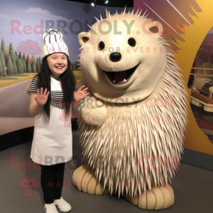Cream Porcupine mascot costume character dressed with a A-Line Dress and Beanies
