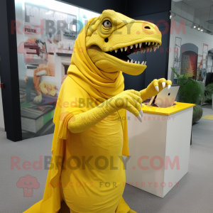 Lemon Yellow Tyrannosaurus mascot costume character dressed with a Cover-up and Shawl pins