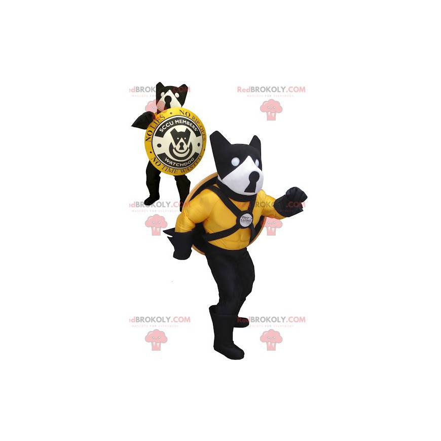 Black yellow and white dog mascot with a shield - Redbrokoly.com