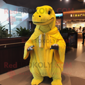 Lemon Yellow Tyrannosaurus mascot costume character dressed with a Cover-up and Shawl pins