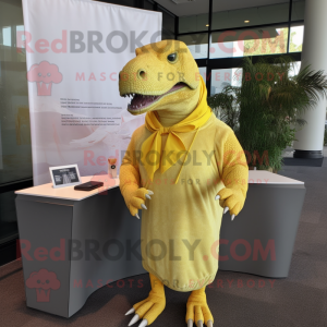 Lemon Yellow Tyrannosaurus mascot costume character dressed with a Cover-up and Shawl pins