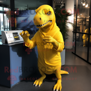 Lemon Yellow Tyrannosaurus mascot costume character dressed with a Cover-up and Shawl pins