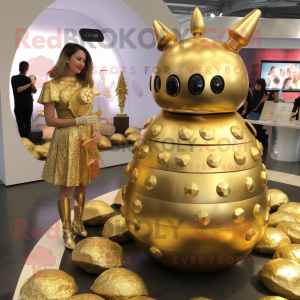 Gold Grenade mascot costume character dressed with a Mini Dress and Earrings
