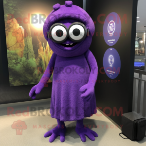 Purple Cyclops mascot costume character dressed with a Wrap Dress and Reading glasses