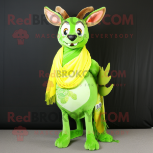 Lime Green Deer mascot costume character dressed with a T-Shirt and Scarves