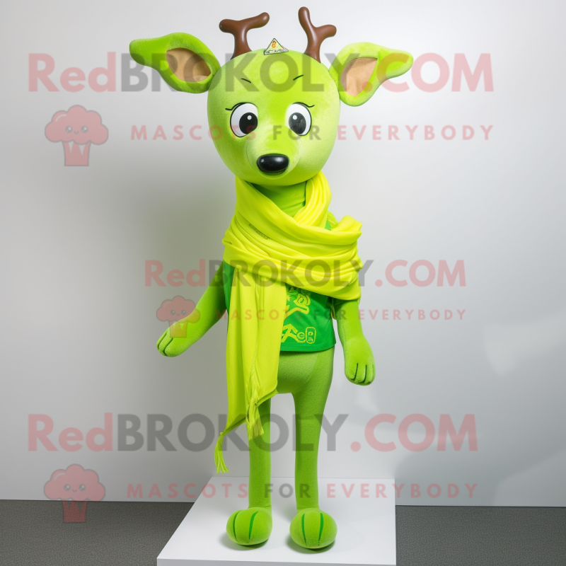 Lime Green Deer mascot costume character dressed with a T-Shirt and Scarves