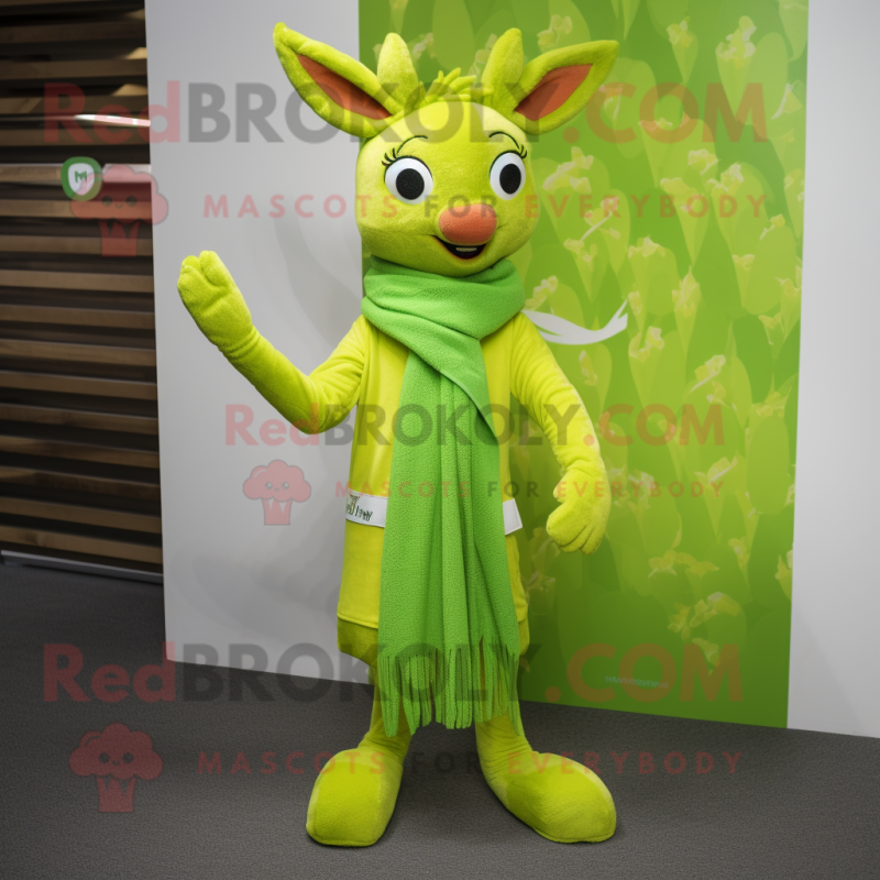 Lime Green Deer mascot costume character dressed with a T-Shirt and Scarves