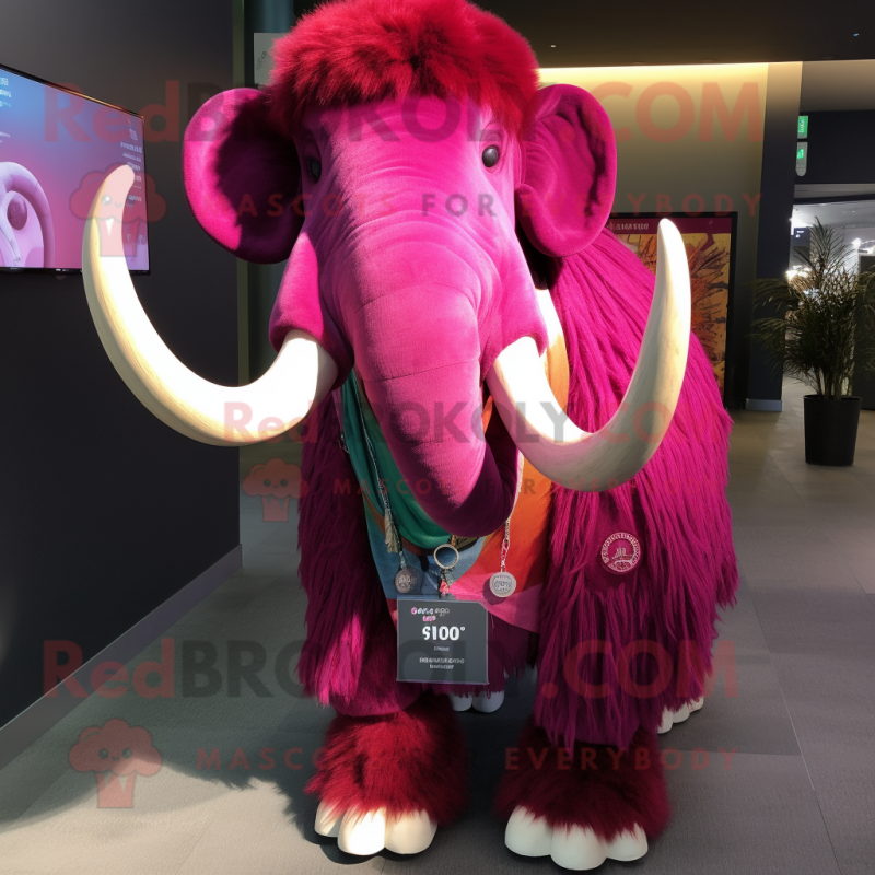 Magenta Mammoth mascot costume character dressed with a Button-Up Shirt and Shawl pins Magenta Mammoth mascot costume character dressed with a Button-Up Shirt and Shawl pins