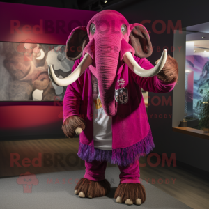 Magenta Mammoth mascot costume character dressed with a Button-Up Shirt and Shawl pins