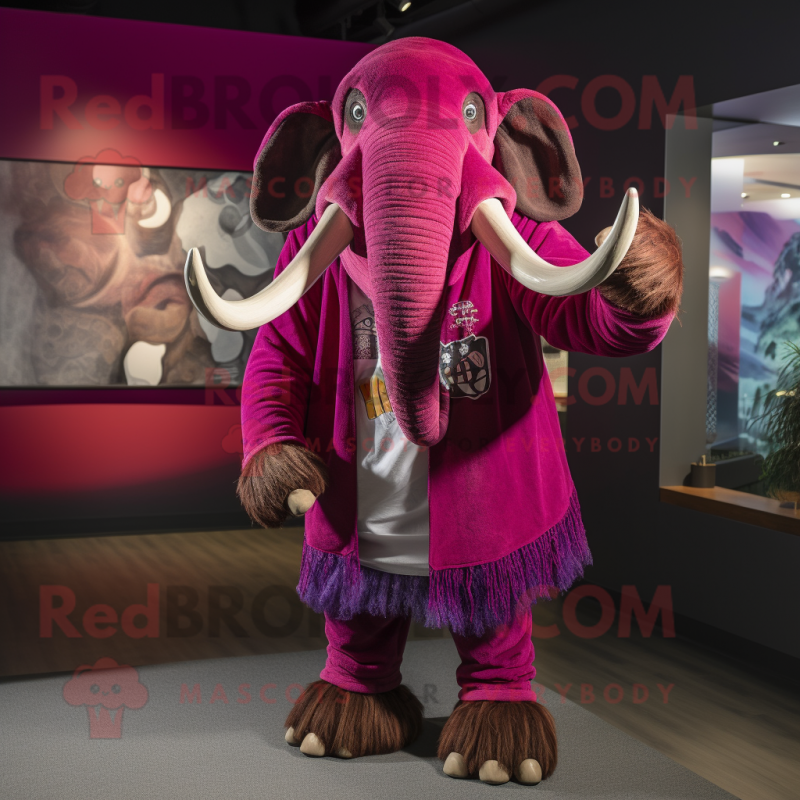 Magenta Mammoth mascot costume character dressed with a Button-Up Shirt and Shawl pins Magenta Mammoth mascot costume character dressed with a Button-Up Shirt and Shawl pins