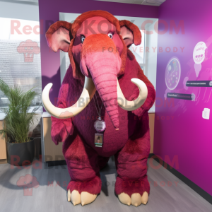 Magenta Mammoth mascot costume character dressed with a Button-Up Shirt and Shawl pins