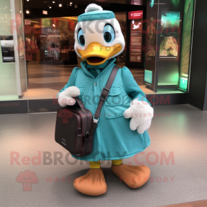 Teal Gosling mascot costume character dressed with a A-Line Skirt and Messenger bags