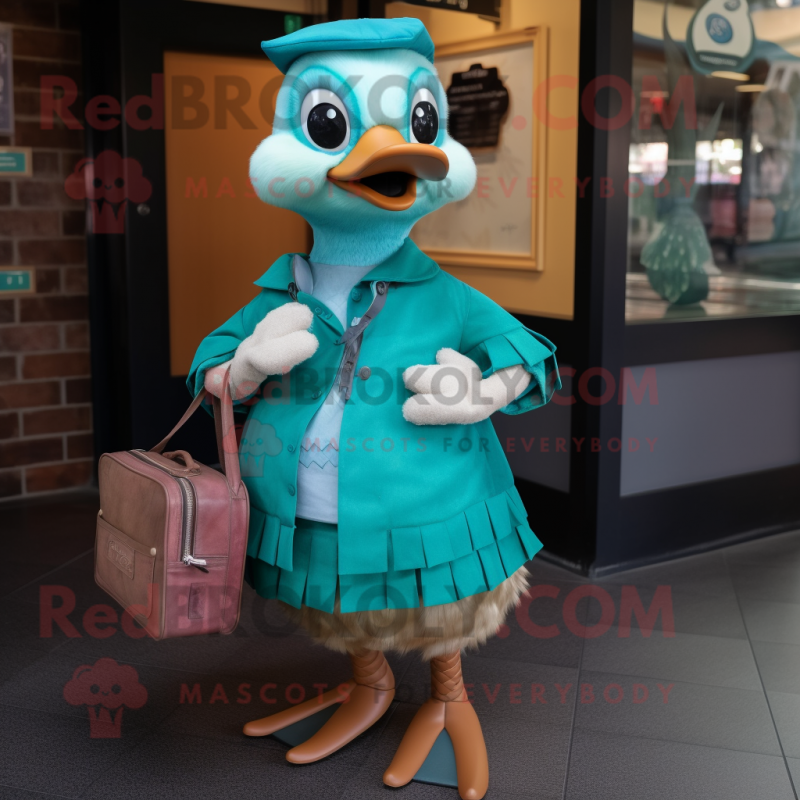 Teal Gosling mascot costume character dressed with a A-Line Skirt and Messenger bags Teal Gosling mascot costume character dressed with a A-Line Skirt and Messenger bags