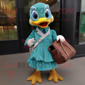 Teal Gosling mascot costume character dressed with a A-Line Skirt and Messenger bags