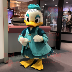 Teal Gosling mascot costume character dressed with a A-Line Skirt and Messenger bags