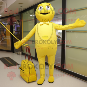 Lemon Yellow Tightrope Walker mascot costume character dressed with a Suit and Tote bags