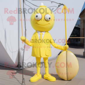 Lemon Yellow Tightrope Walker mascot costume character dressed with a Suit and Tote bags