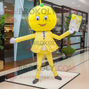 Lemon Yellow Tightrope Walker mascot costume character dressed with a Suit and Tote bags