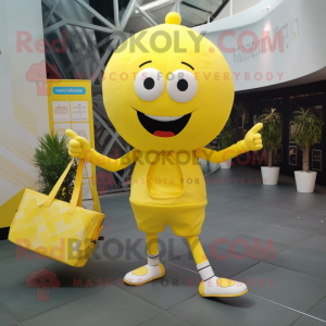 Lemon Yellow Tightrope Walker mascot costume character dressed with a Suit and Tote bags