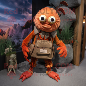 Rust Hermit Crab mascot costume character dressed with a Corduroy Pants and Messenger bags