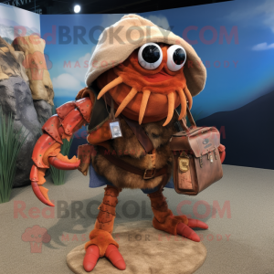 Rust Hermit Crab mascot costume character dressed with a Corduroy Pants and Messenger bags