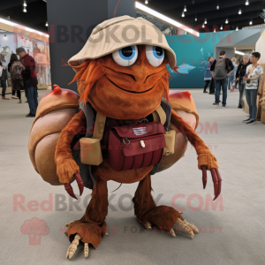 Rust Hermit Crab mascot costume character dressed with a Corduroy Pants and Messenger bags