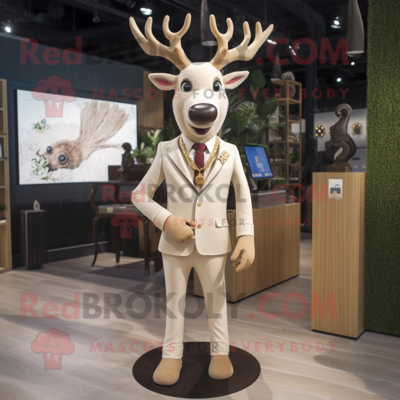 Beige Deer mascot costume character dressed with a Suit Pants and Necklaces Beige Deer mascot costume character dressed with a Suit Pants and Necklaces