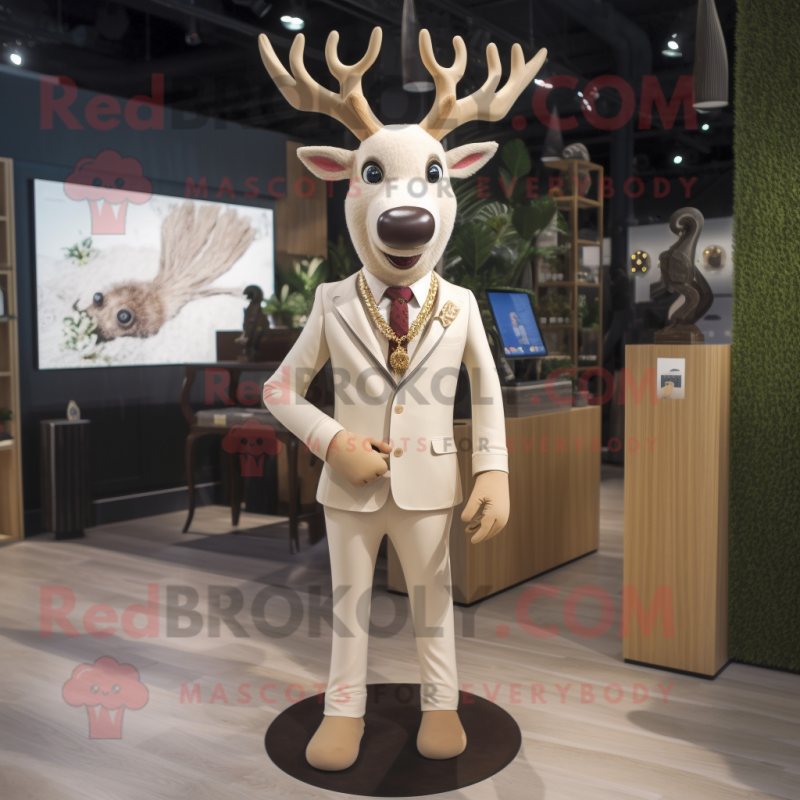 Beige Deer mascot costume character dressed with a Suit Pants and Necklaces