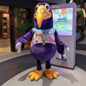 Purple Toucan mascot costume character dressed with a Graphic Tee and Anklets