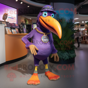 Purple Toucan mascot costume character dressed with a Graphic Tee and Anklets