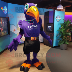Purple Toucan mascot costume character dressed with a Graphic Tee and Anklets