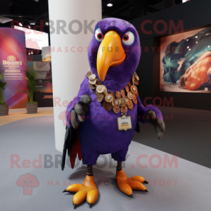 Purple Toucan mascot costume character dressed with a Graphic Tee and Anklets