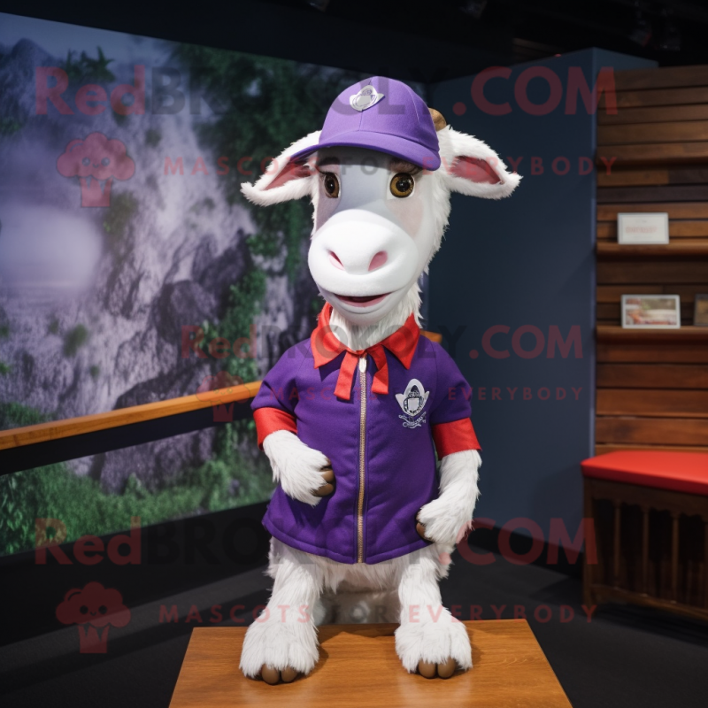 Purple Boer Goat mascot costume character dressed with a Mini Skirt and Caps Purple Boer Goat mascot costume character dressed with a Mini Skirt and Caps
