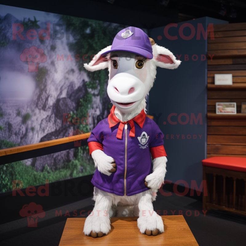 Purple Boer Goat mascot costume character dressed with a Mini Skirt and Caps