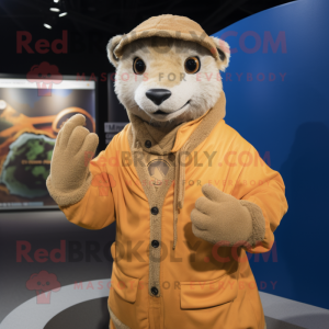 Tan Mongoose mascot costume character dressed with a Cover-up and Gloves