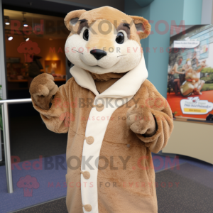 Tan Mongoose mascot costume character dressed with a Cover-up and Gloves